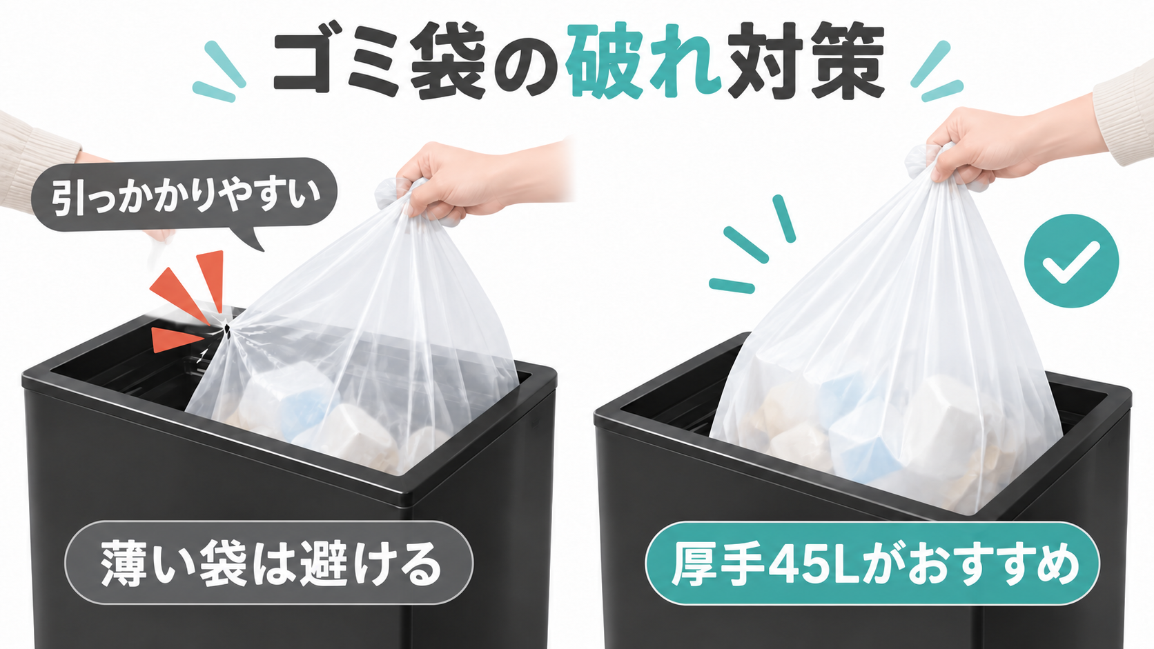 ゴミ袋が引っかかって破れるリスク