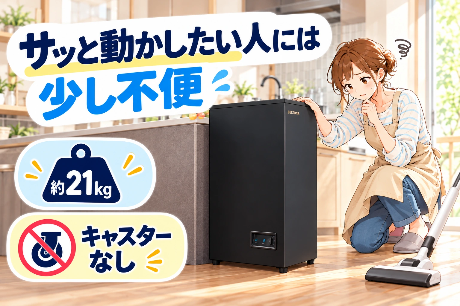 BELTONAは約21kgでキャスターがなく、サッと動かしたい人には少し不便