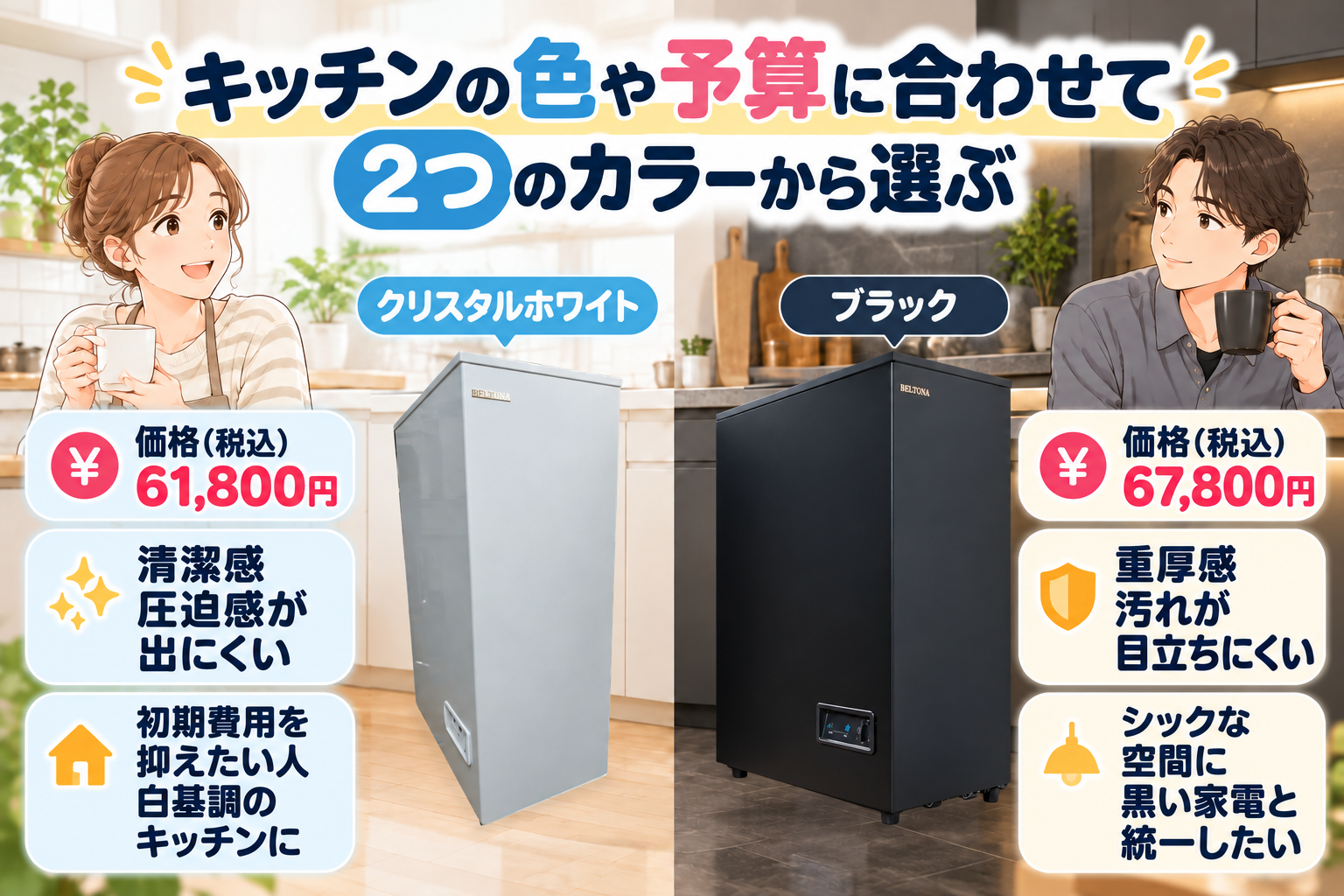 キッチンの色や予算に合わせて2つのカラーから選ぶ