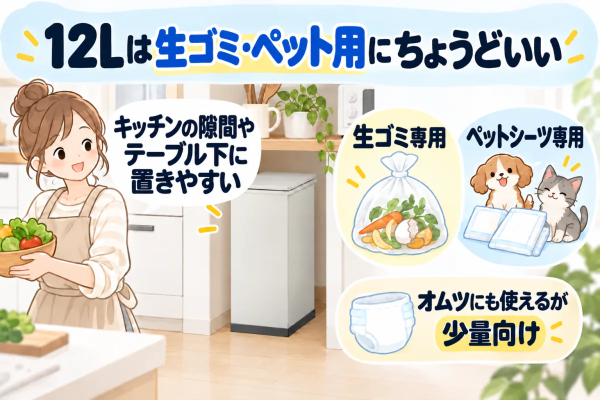 CLEAN BOX 12Lはキッチンの隙間に置きやすく、生ゴミやペットシーツ専用にちょうどいい。オムツは少量向け