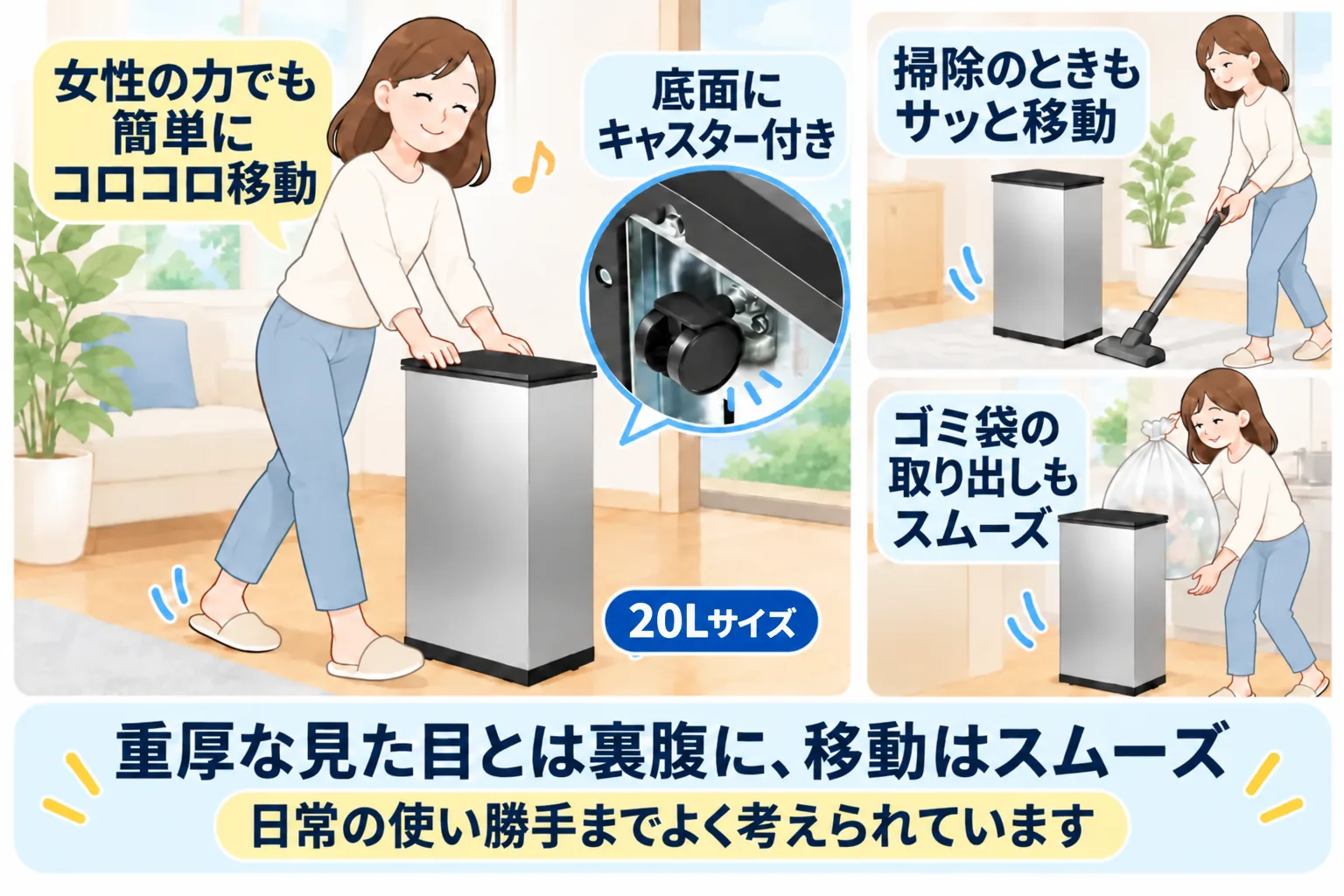 底面のキャスターで、掃除やゴミ袋を取り出すときにCLEAN BOXを女性の力でも移動できる