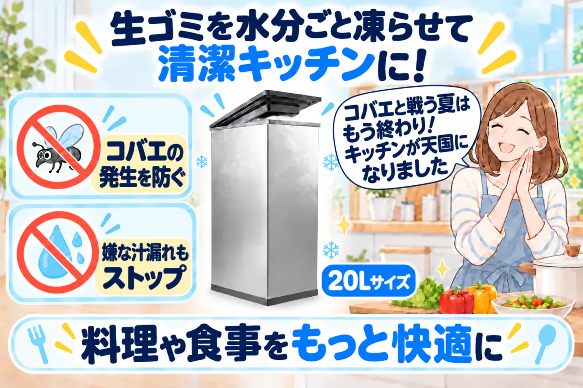 生ゴミを水分ごと凍らせてコバエの発生や汁漏れを防ぎ、料理や食事が快適になる