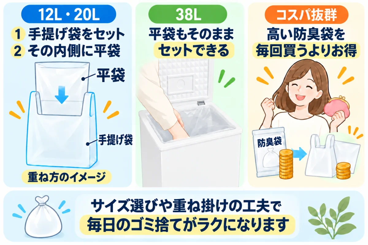 平袋の対策:12L・20Lは手提げ袋の内側に平袋を重ねる。38Lは平袋をそのままセットできる