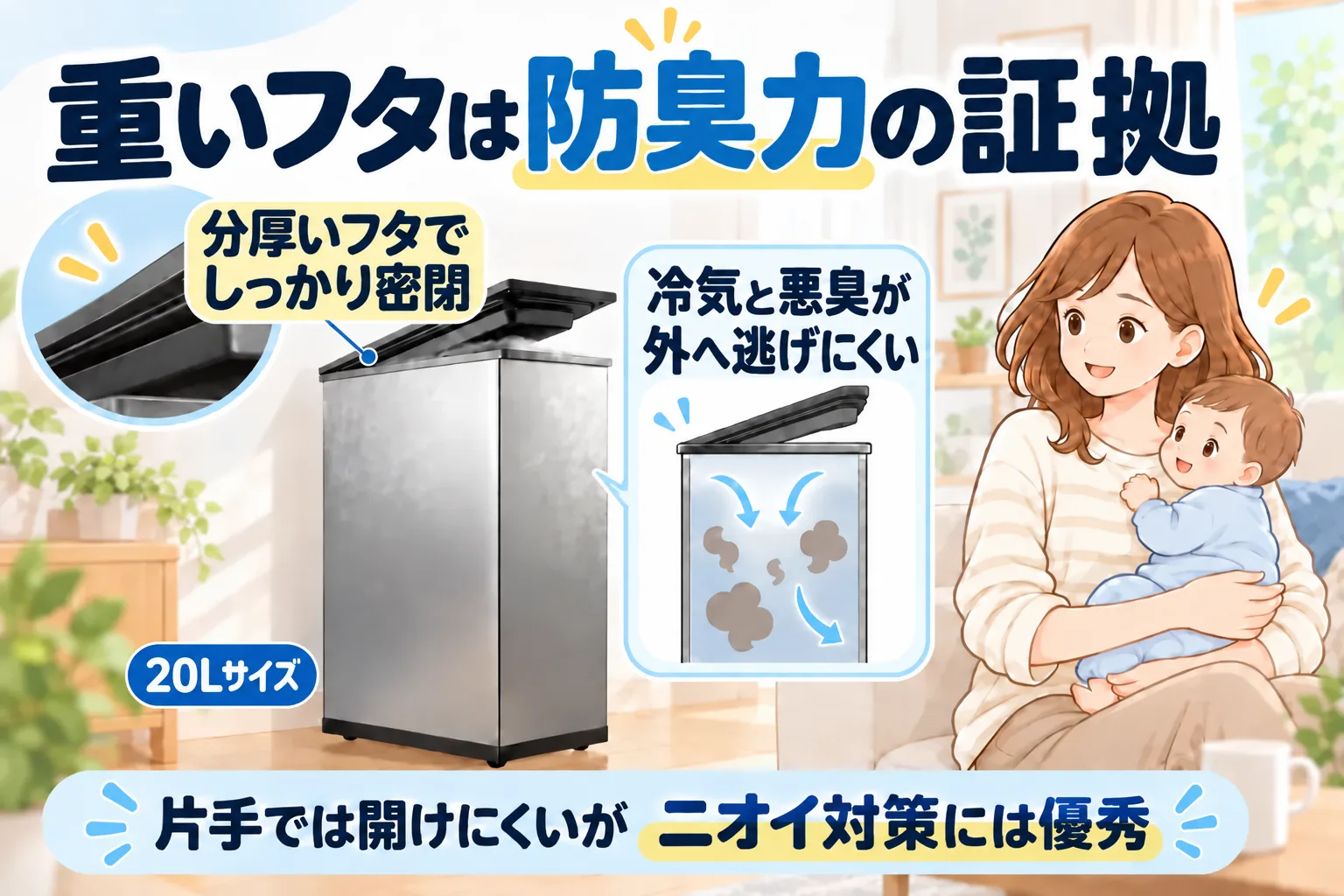 分厚く重いフタがしっかり密閉し、冷気と悪臭を外へ逃がしにくい