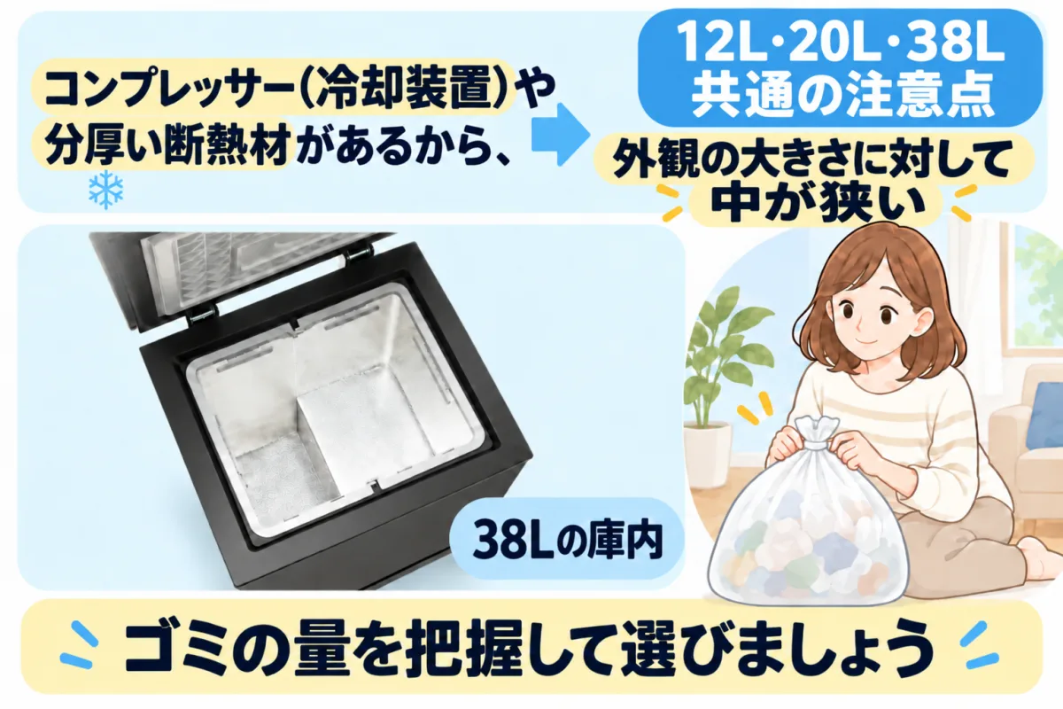CLEAN BOXはコンプレッサーと分厚い断熱材があるため、外観の大きさに対して中が狭い(38Lの庫内)