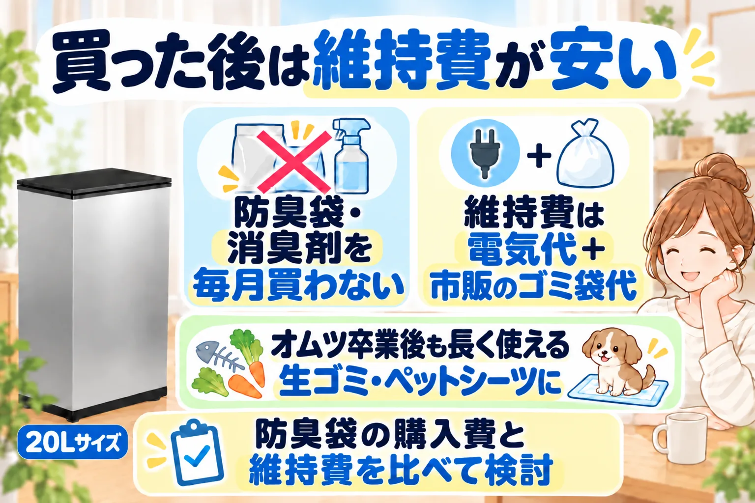 防臭袋や消臭剤を毎月買わずに済み、維持費は電気代と市販のゴミ袋代。オムツ卒業後も生ゴミやペットシーツに使える