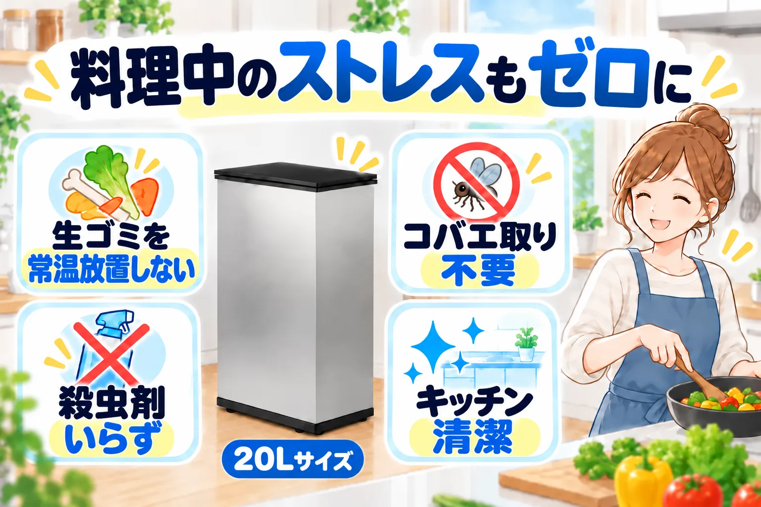生ゴミを常温放置しないので、コバエ取りや殺虫剤がいらずキッチンを清潔に保てる