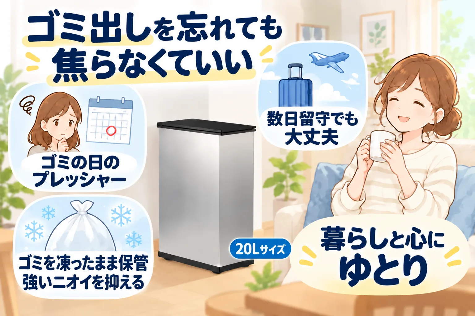 ゴミを凍ったまま保管できるので、ゴミ出しを忘れても数日留守にしても焦らなくていい