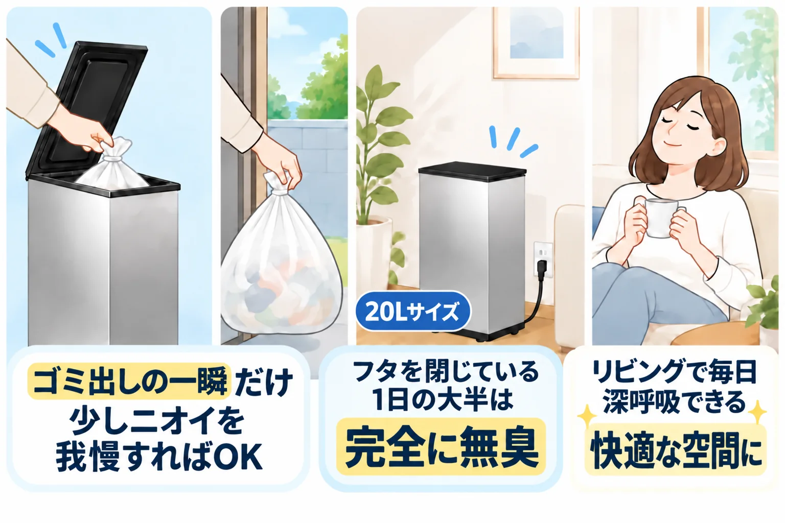 ゴミ出しの一瞬だけ少しニオイを我慢すれば、フタを閉じている間は無臭でリビングが快適な空間になる