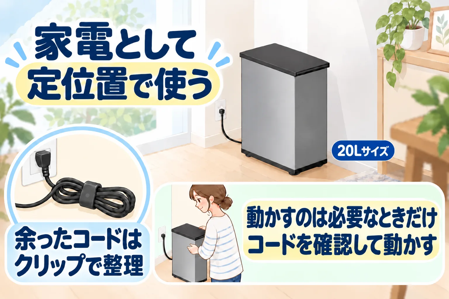 CLEAN BOXは家電として定位置で使い、余ったコードはクリップで整理。動かすときはコードを確認する