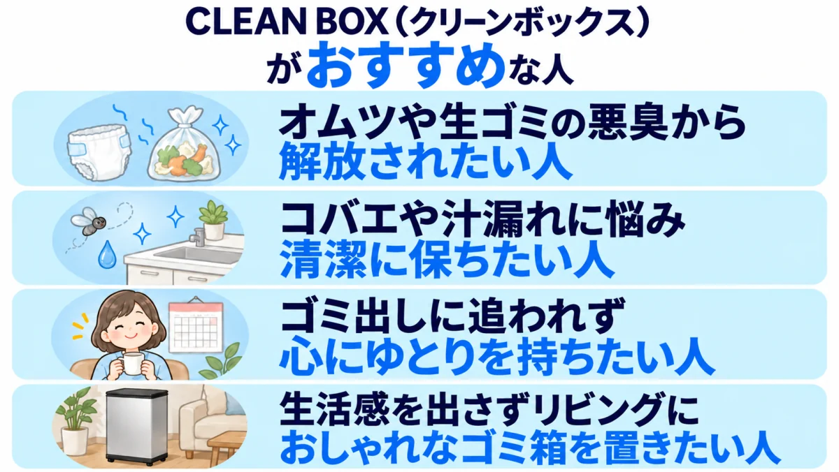 CLEAN BOXがおすすめな人:オムツや生ゴミの悪臭から解放されたい人、コバエや汁漏れに悩む人、ゴミ出しに追われたくない人、リビングにおしゃれなゴミ箱を置きたい人