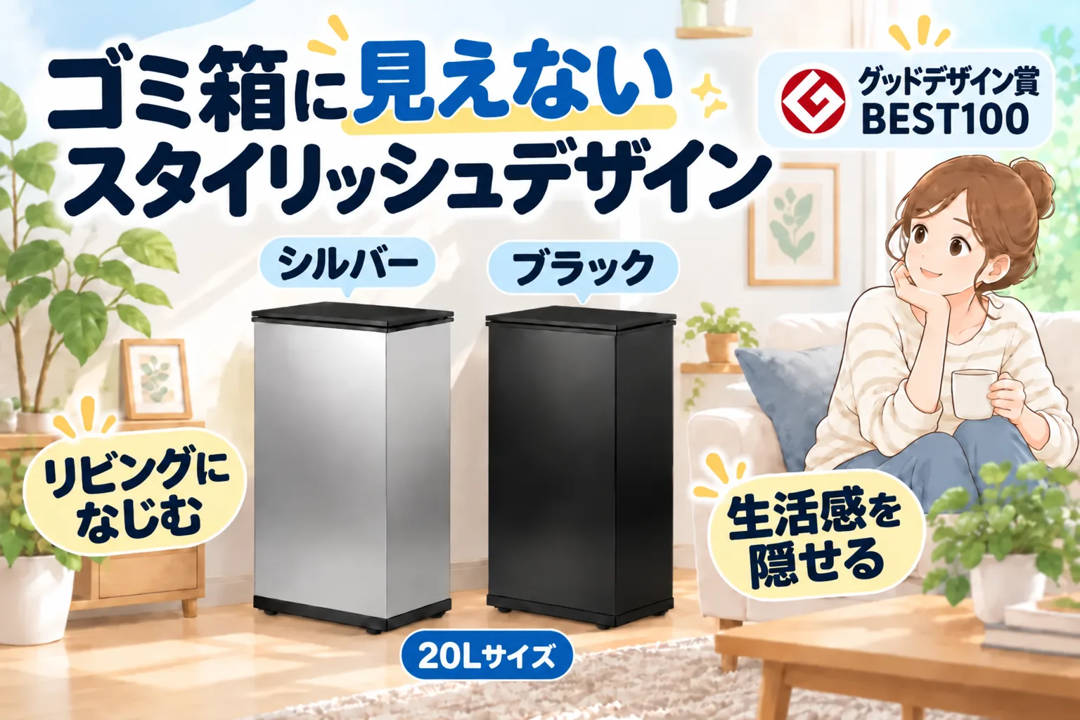ゴミ箱に見えないCLEAN BOXのシルバーとブラック。リビングになじみ生活感を隠せる