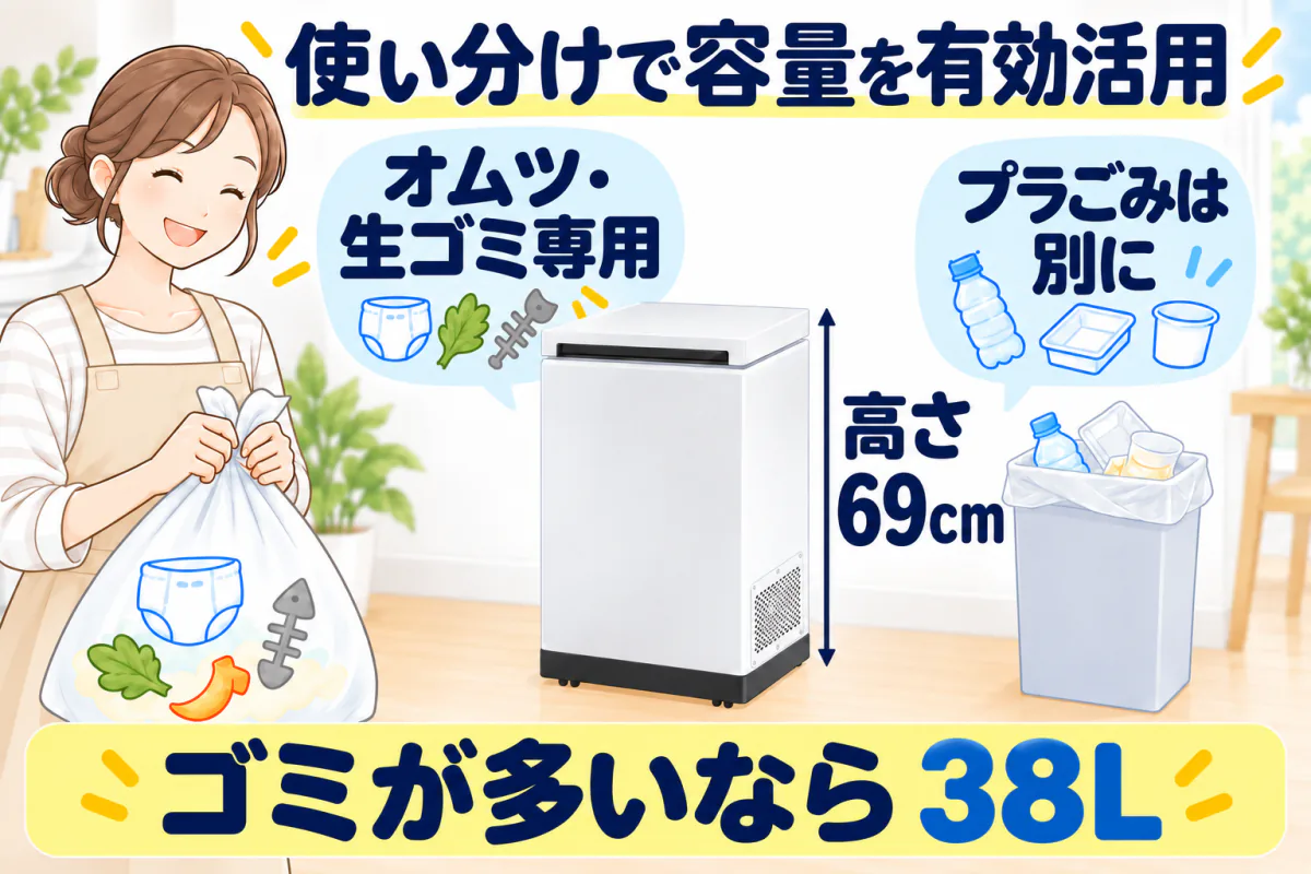 CLEAN BOXはオムツ・生ゴミ専用にしてプラごみは別のゴミ箱へ。ゴミが多い家庭は38Lを選ぶ